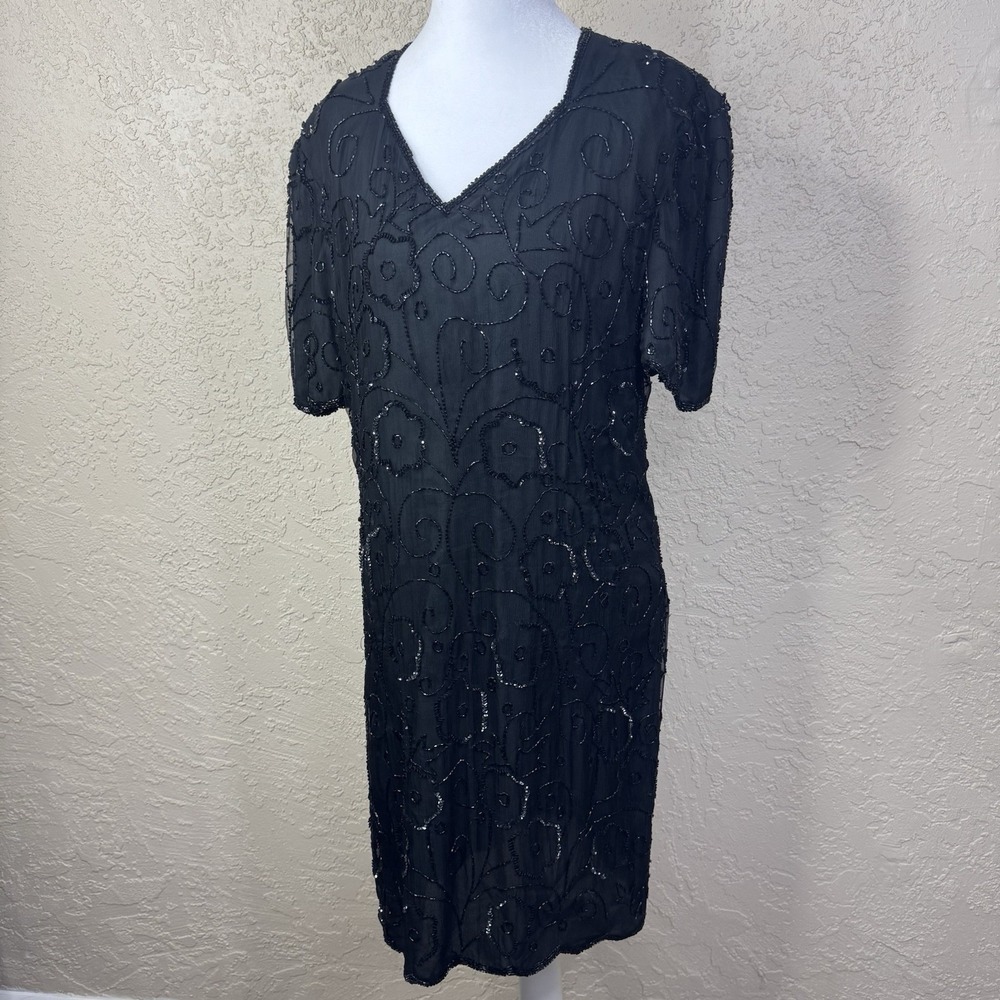 Vintage JMDNY Beaded Dress Sz PL Black Embroidered Sheath‎ Evening Cocktail LBD
